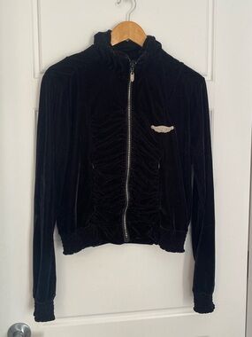 Vintage Retro Y2K Apple Bottoms Large Black Velour Full Zip Sweater Crystals